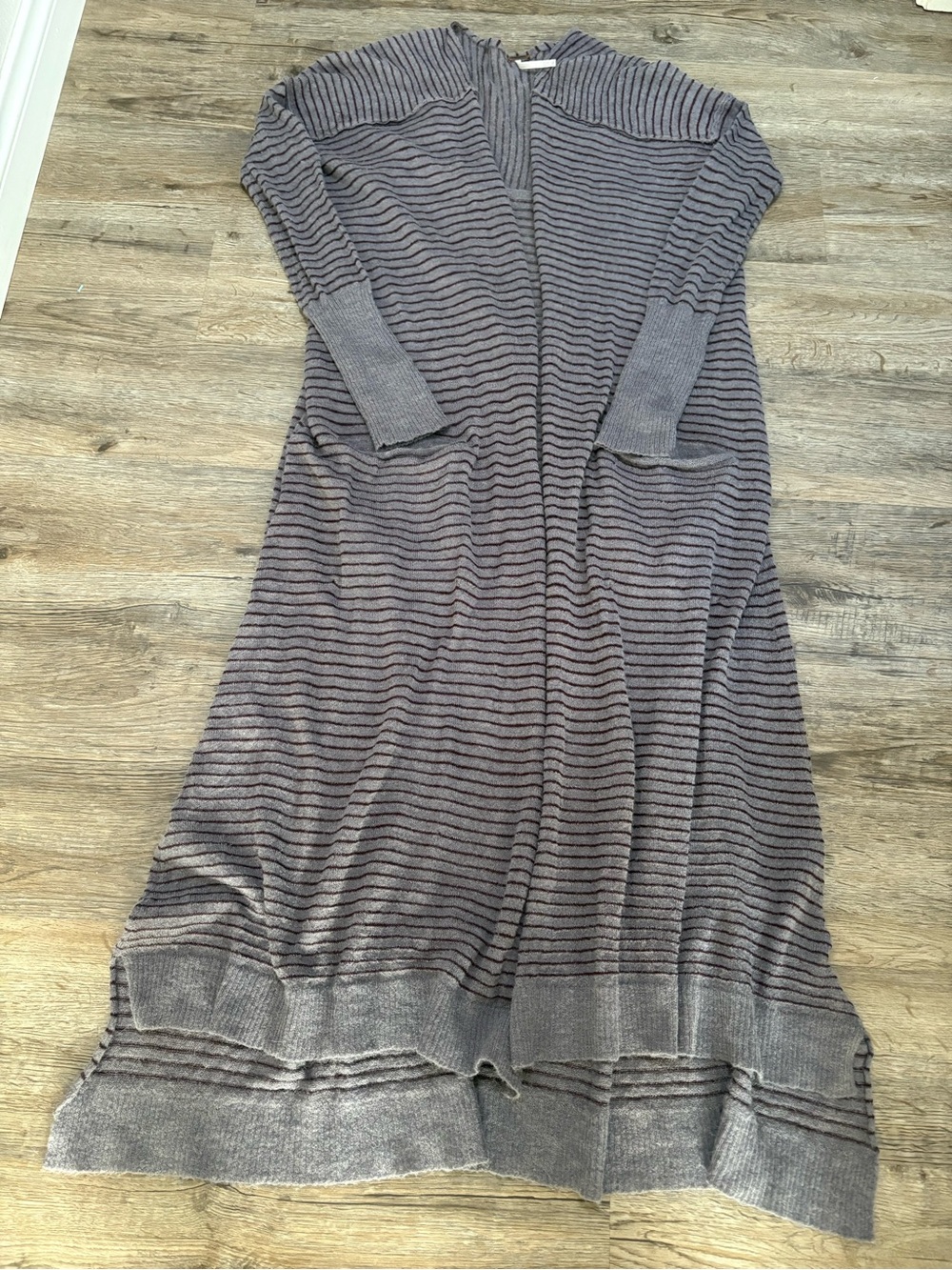Free People Long Striped Open-Front Cardigan in Taupe and Dark Brown - Picture 4 of 12